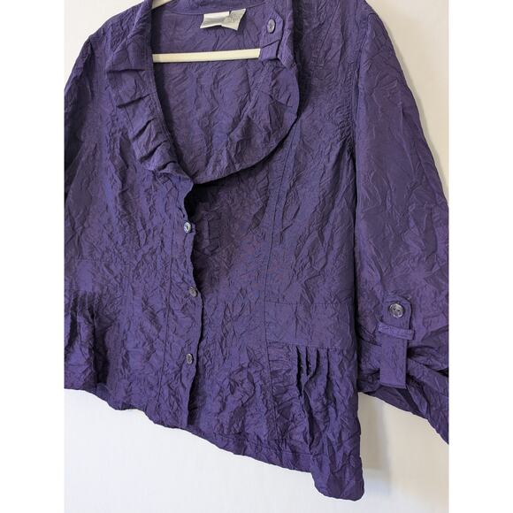 Chico's Size 3 Purple Crinkle Peplum Shirt Jacket Artsy Wimsygoth Crop Womens XL - Picture 2 of 7